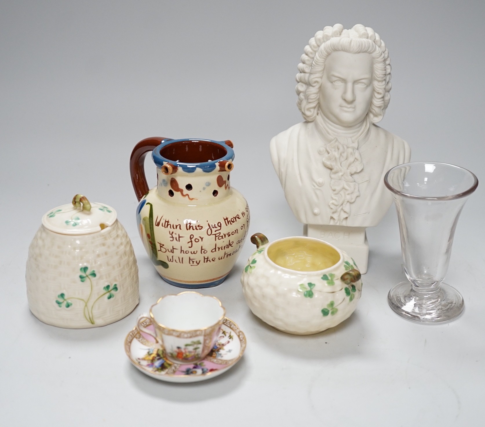 A Robinson and Leadbetter parian bust, two items of Belleek, an Aller Vale puzzle jug, a Helena Wolfsohn miniature cup and saucer etc., tallest 20cm (6)